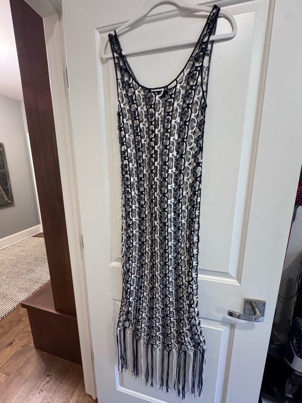 NBD Black and White Crochet Fringe Maxi Dress Cover-up